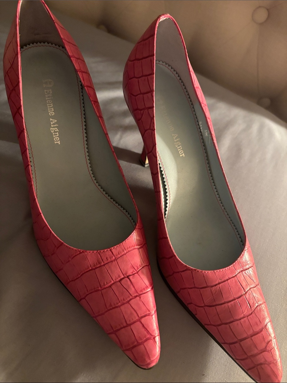 Etienne Aigner Coral Pink Croc-Embossed Pointed Toe Pumps